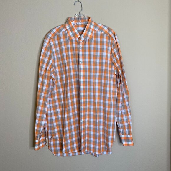 kiton orange white & tan check dress shirt